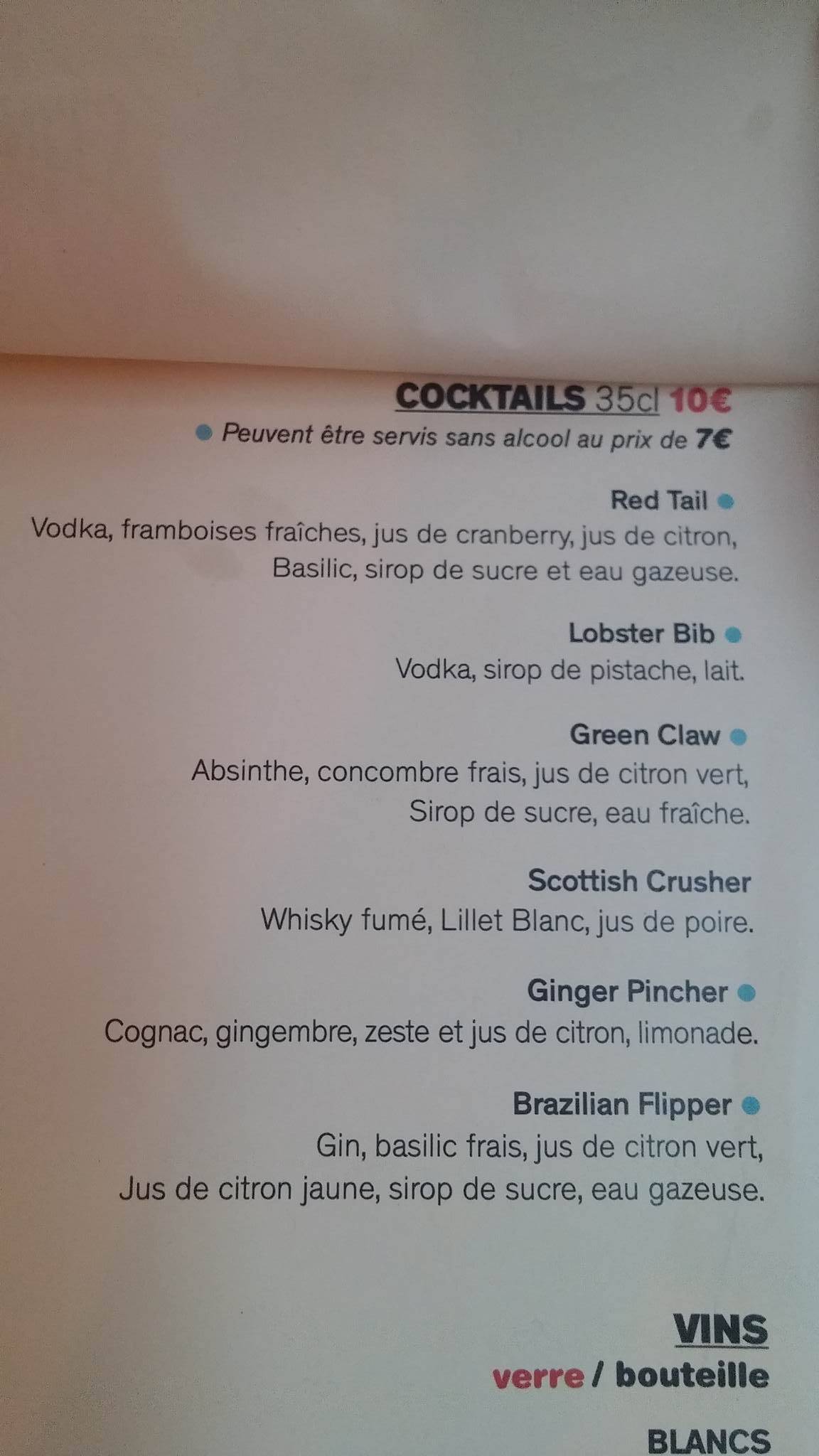 les pinces restaurant carte cocktails